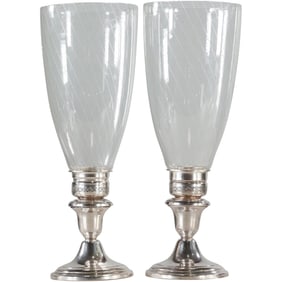 Pair FISHER Sterling Weighted Candlesticks witth Glass Hurricane Shades 12.25 in. height