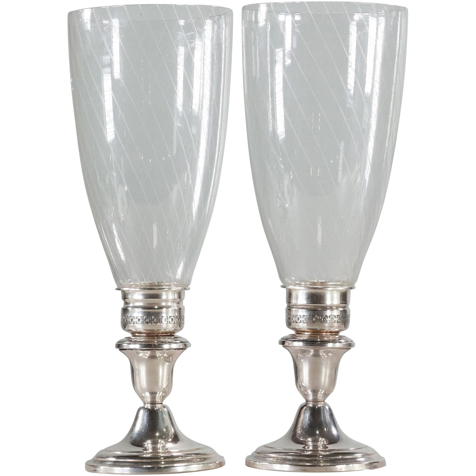 Pair FISHER Sterling Weighted Candlesticks witth Glass Hurricane Shades 12.25 in. height (1 of 19)