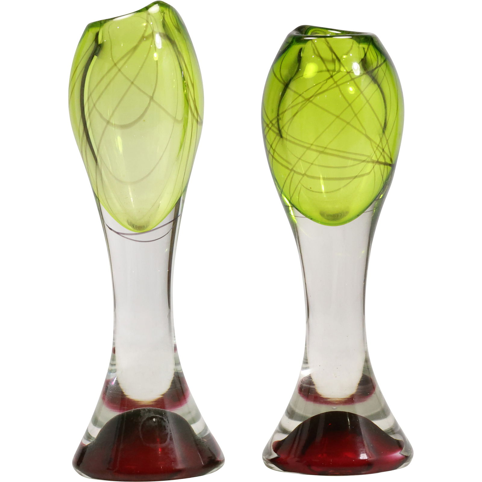 2 Flygsfors Flamingo by Viktor Berndt Art Glass Sculptured Vases, Signed, 10 in. height x 4 in. wide: 2 Flygsfors Flamingo by Viktor Berndt Art Glass Sculptured Vases, Signed, 10 in. height x 4 in. wide. size: 10h x 4w ; Swedish designer Bernt Gustav Wiktor Berndt , born 15 October 1919 in Madesjö pa