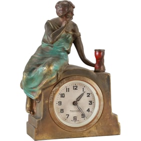 Cast Metal Spelter Art Deco Woman Figure Mantel Clock , Original Patina, Made in Germany