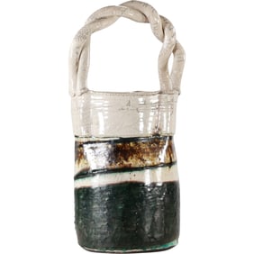 Artist Signed Studio Art Pottery Vase Basket with Handle 16 inches height x 8 in. wide