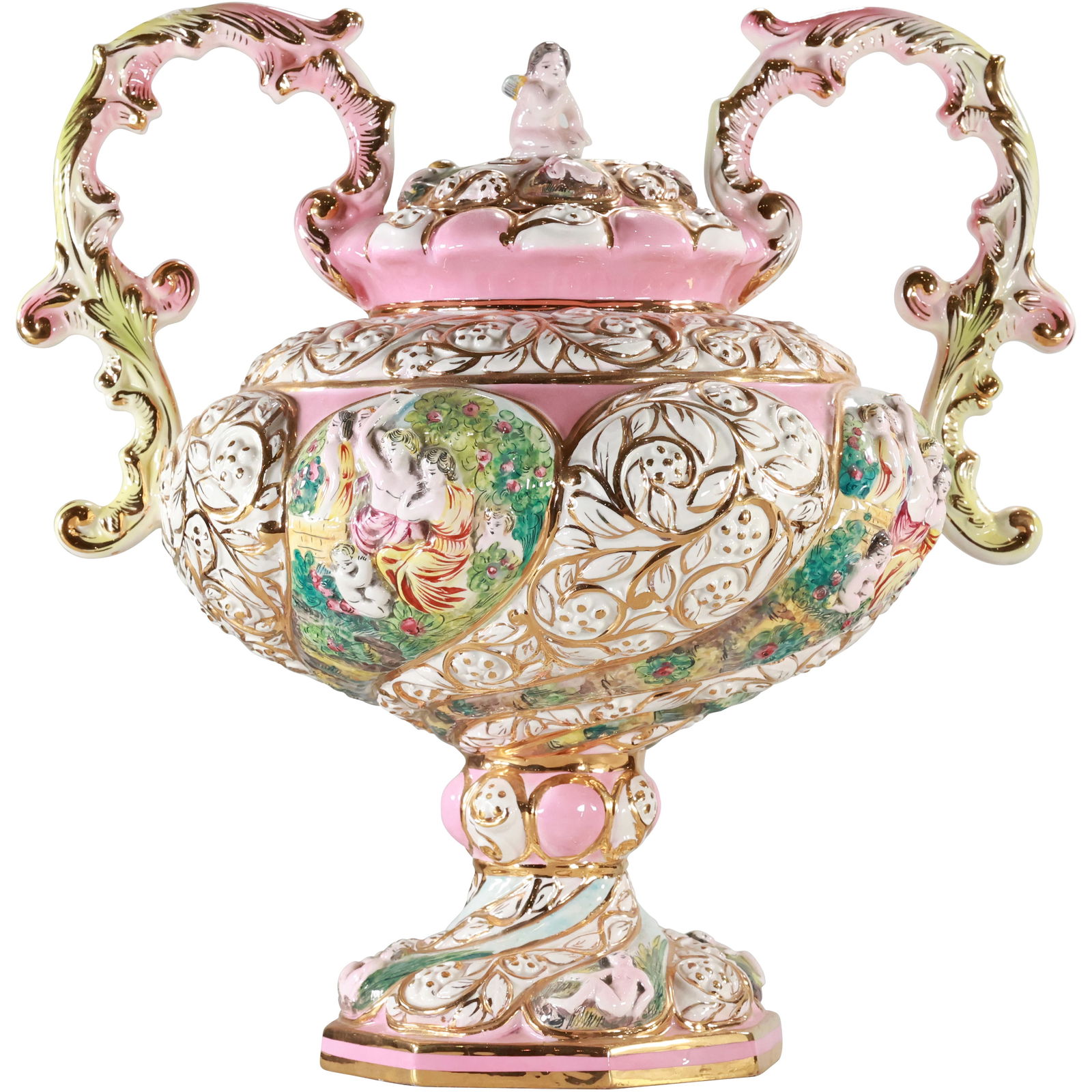 Large Capodimonte Italian Centerpiece Urn with Handles Porcelain Putti Angels Ornate Decoration: Large Capodimonte Italian Centerpiece Urn with Handles Porcelain Putti Angels Ornate Decoration. size: 17 in. h, 16 in.w S:C