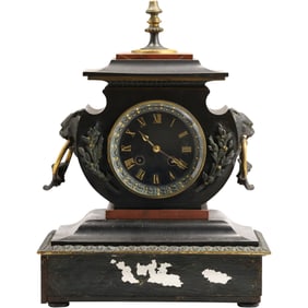 19th C. French Mantle Clock Black and Rose Marble, Black Dial, 14.5 in. height x 10.25 in. wide