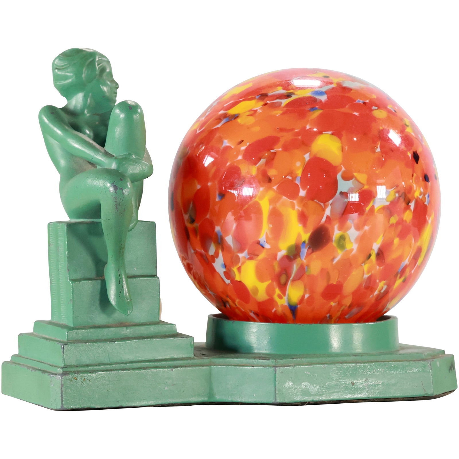 Frankart? Art Deco Lamp Figural Seated Woman with Czechoslovakia "End of Day" Glass Shade: Frankart? Art Deco Lamp Figural Seated Woman with Czechoslovakia "End of Day" Glass Shade. Good Original Green Finish size: 6.75h 8w S:C, needs rewiring.