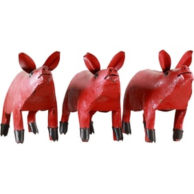 Set 3 Folk Art Welded Metal Tin RED PIG Figure Statue Sculptures 10 in. height x 14 in length