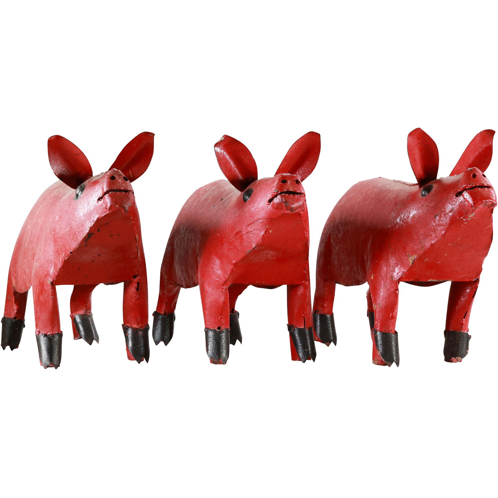Set 3 Folk Art Welded Metal Tin RED PIG Figure Statue Sculptures 10 in. height x 14 in length (1 of 16)