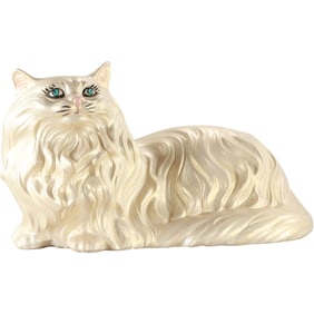 1970s Vintage Pearl White Ceramic CAT Figure Statue 10 in. height x 17 in. length