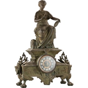 Antique 19th C. French Victorian Classical Woman Figural Mantle Clock Cast Metal Spelter