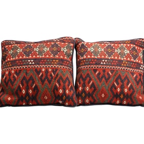 Matched Pair Vintage Wool KILIM PILLOWS - Clean - 16 in. diameter