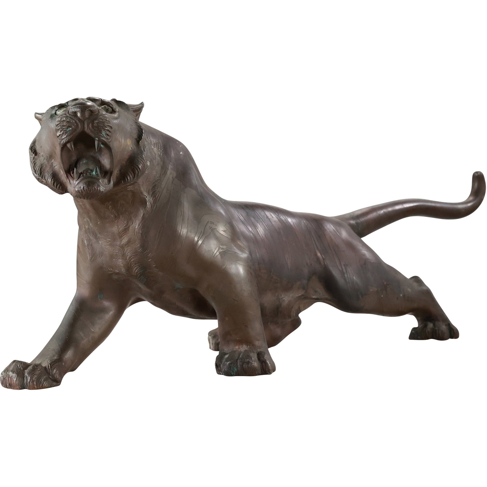 Japanese Meiji bronze sculpture of a Roaring Tiger with inset glass eyes, Signed on Bottom 21.25 in.: Japanese Meiji bronze sculpture of a Roaring Tiger with inset glass eyes, Signed on Bottom. size: 9 in. h, 21.25 in. length S:C