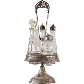 Antique Reed and Barton Silver Plate Castor Set with 5 Glass Bottles, 16.5 in. height