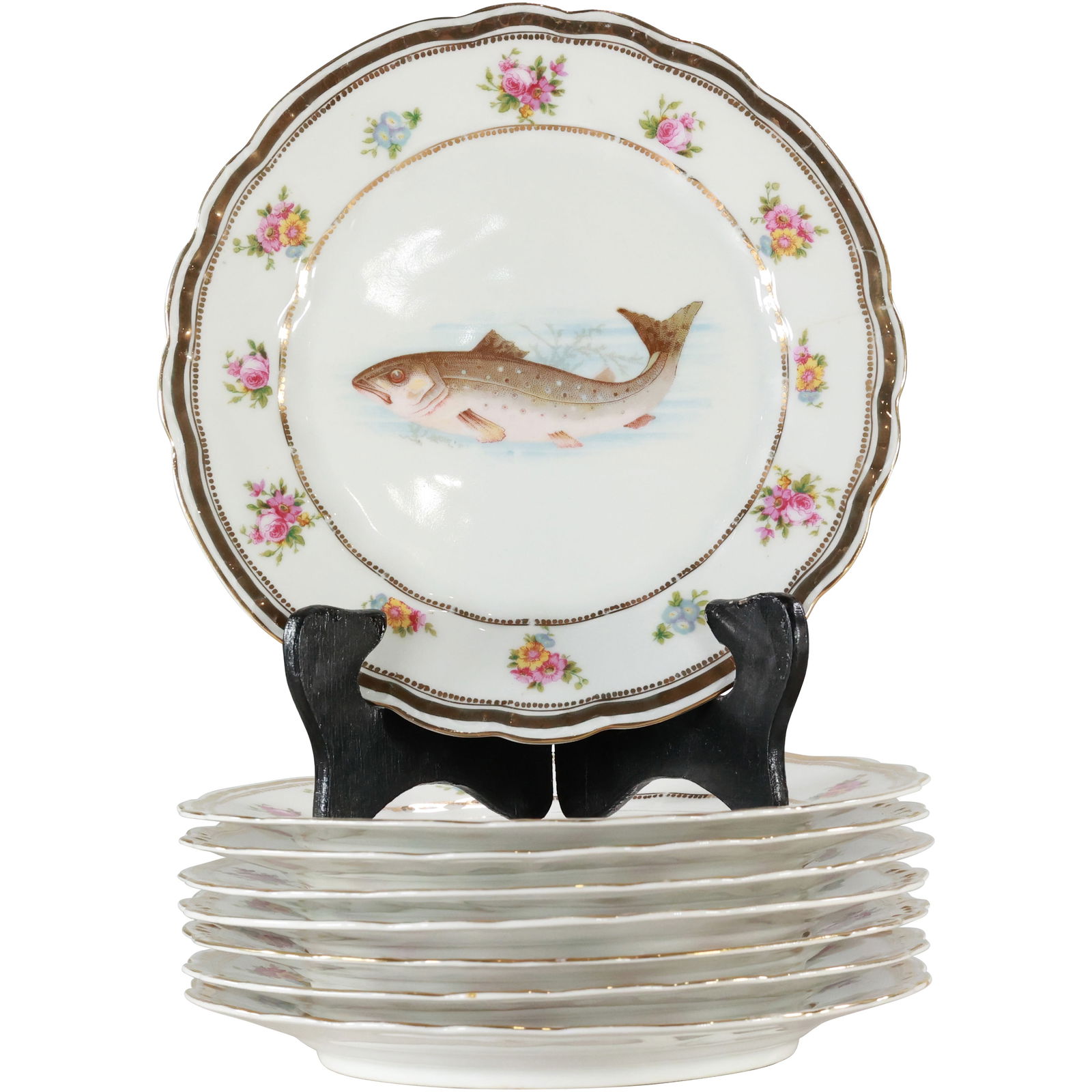 Set of 8 FISH PLATES marked LS&S Carlsbad, Austria, 8.25 inches diameter: Set of 8 FISH PLATES marked LS&S Carlsbad, Austria, 8.25 inches diameter. p> size: 1h 8.25w S:C