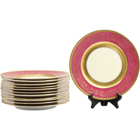 Set of 10 Fine Porcelain Dinner Service Plates Maroon and Gold Border, 10.5 in. diameter