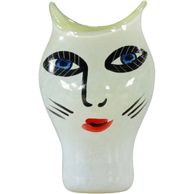 KOSTA BODA Signed Ulrica Hydman-Vallien 'Open Minds' Art Glass Vase Cat Face 7.5 in. height