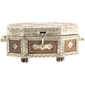 Anglo Indian Silver Metal and Bone Mounted Trinket Box 8-Sided 9.5 in. length