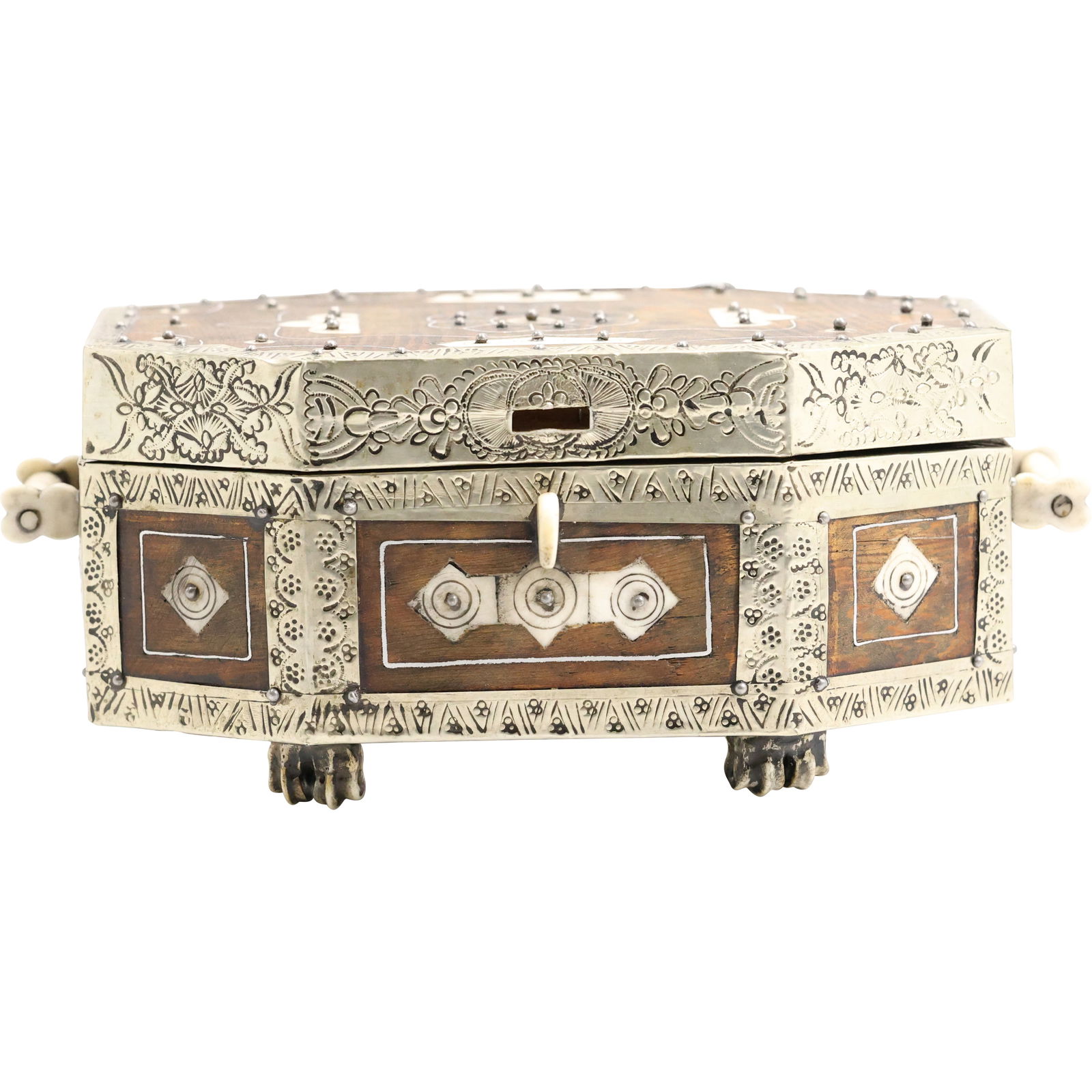 Anglo Indian Silver Metal and Bone Mounted Trinket Box 8-Sided 9.5 in. length: Anglo Indian Silver Metal and Bone Mounted Trinket Box 8-Sided 9.5 in. length. size: 4.5h 9.5w S:D