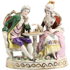 Porcelain Grouping of Figures Playing a Chess Game, Blue Crossed Swords, Meissen? 6.75 in.