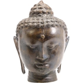 Southeast Asian Bronze Buddha Head, 11 in. height x 7 in. wide, Good Patina