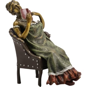 after Bergman, Bronze Seated Woman Reading Book, Dress Lifts Off Exposing Nude, Good Patina