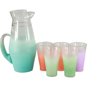 Vintage Blendo Frosted Multi Colors Lemonade Pitcher and 5 Matching Tumbler Glasses