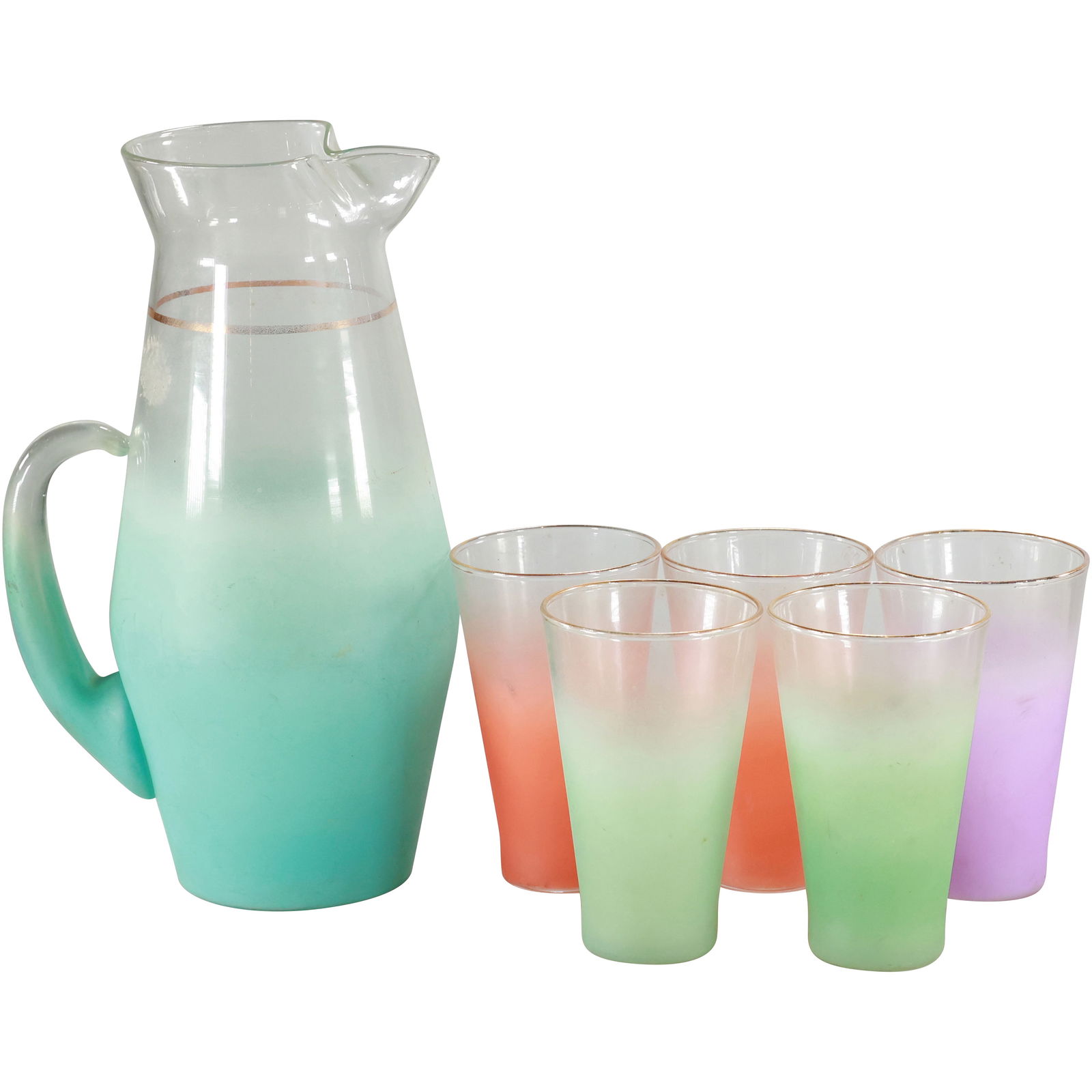 Vintage Blendo Frosted Multi Colors Lemonade Pitcher and 5 Matching Tumbler Glasses (1 of 20)