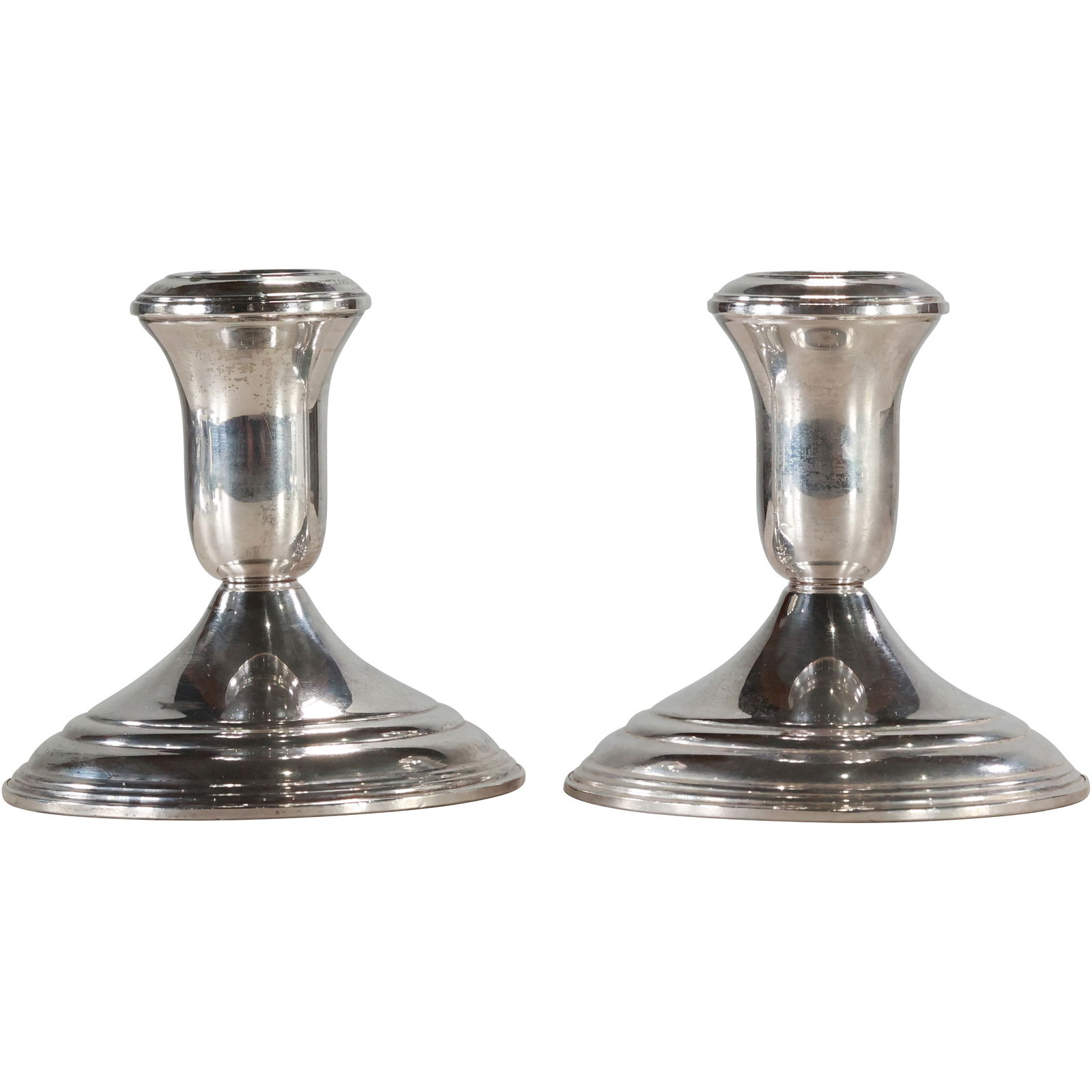 Pair John Wanamaker Sterling Silver Weighted Candlesticks 3.5 in. height x 3.75 in wide at base (1 of 11)