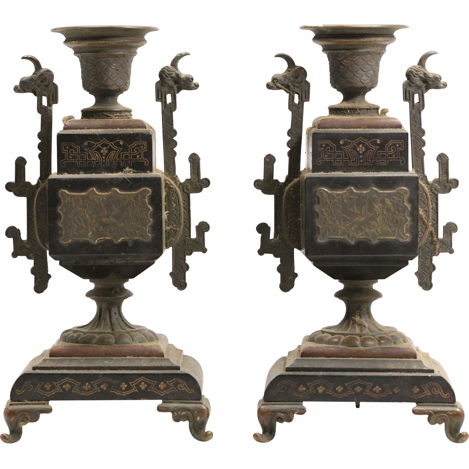 Pair 19th C. Renaissance Revival Mantle Garnitures in Cast Metal and Marble 11.5 in. height (1 of 17)
