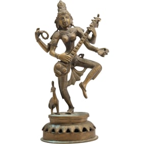 Four-Armed Dancing Devi Saraswati | Madhuchista Vidhana (Lost-Wax) | Panchaloha Bronze from Swamimal