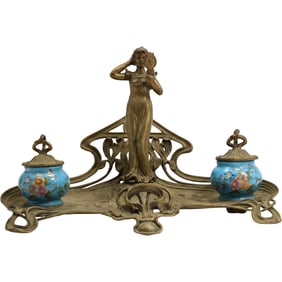 Art Nouveau Woman Figural Double Inkwell Bronze with Porcelain Wells 10.25 in. height x 13 in. wide