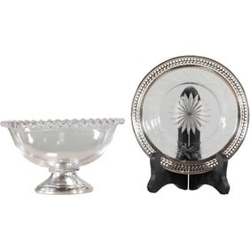 Sterling Silver Base Crystal Glass Candy Dish & Sterling Rimmed Wine Coaster Glass Center