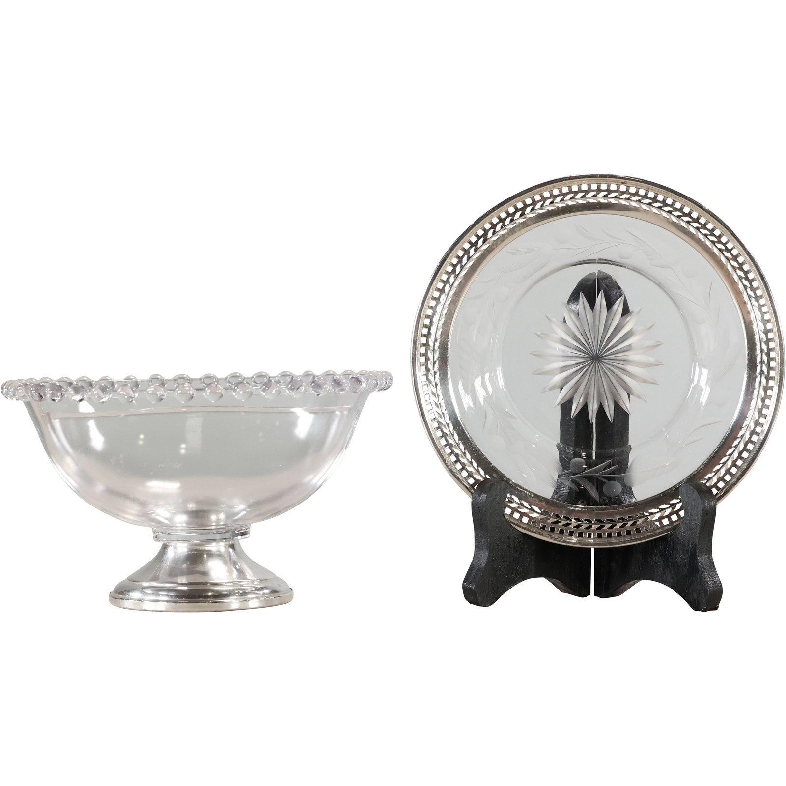 Sterling Silver Base Crystal Glass Candy Dish & Sterling Rimmed Wine Coaster Glass Center: Sterling Silver Base Crystal Glass Candy Dish & Sterling Rimmed Wine Coaster Glass Center. size: bowl 3.5h 5.75w tray .75h 5.5w S:C