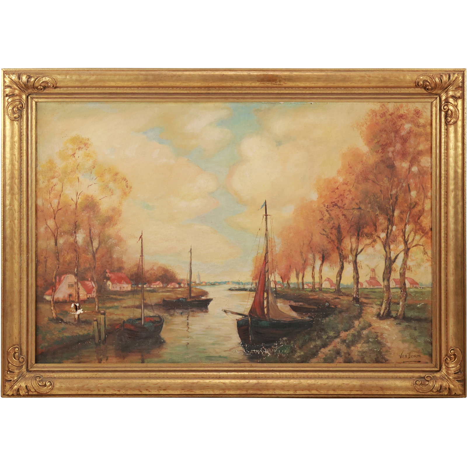 Signed Van Dorn, Oil on Canvas Painting, Boats at Inlet Canal, Framed, Vintage, Framed: Signed Van Dorn, Oil on Canvas Painting, Boats at Inlet Canal, Framed, Vintage, Framed. size: 24 x 36 . outside of frame: 30 x 42; Note: has a tear, See Picture.