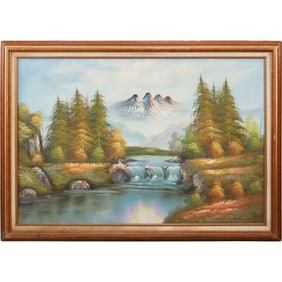 W. Amlon; Oil on Canvas Painting Mountainous River Valley Landscape, Signed and Framed