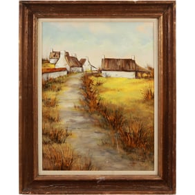 Signed Cravaynes, Oil Painting on Board, Path to Cottages Mid-Century Modern
