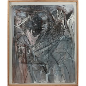 Artist Signed, Mixed Media Brutalist Painting on Paper, Abstract Figure, Framed