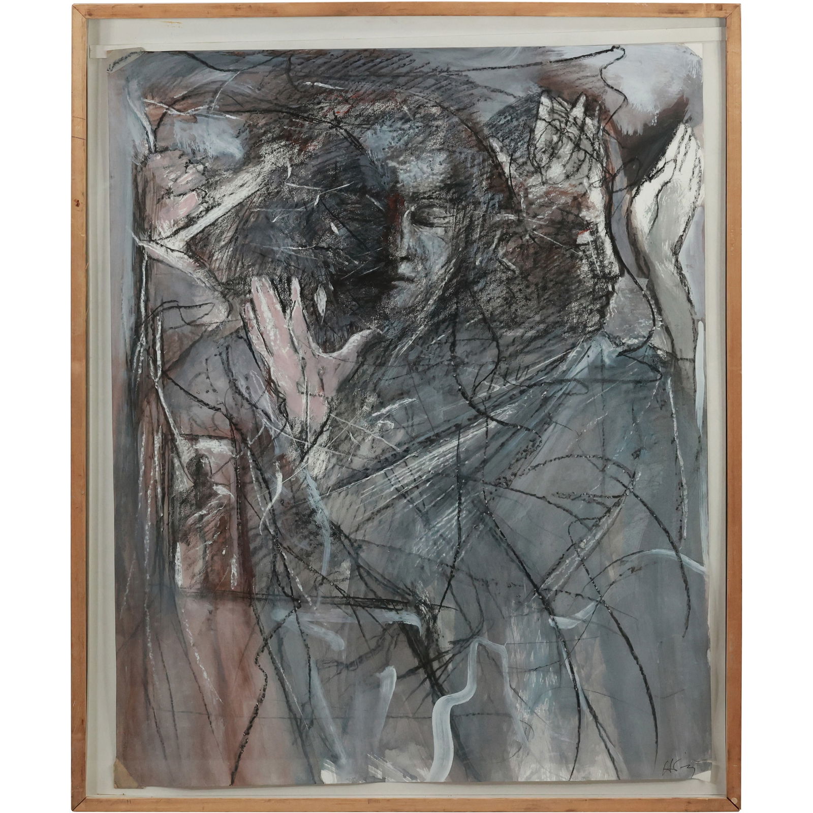 Artist Signed, Mixed Media Brutalist Painting on Paper, Abstract Figure, Framed (1 of 18)