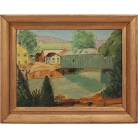The New Hope PA Covered Bridge Mid-1800's Over Delaware River Oil on Board Painting