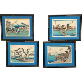 Set of 4 in a Series Framed Vintage Japanese Woodblocks 5.5 in. x 7.5 in. image, all 4 framed