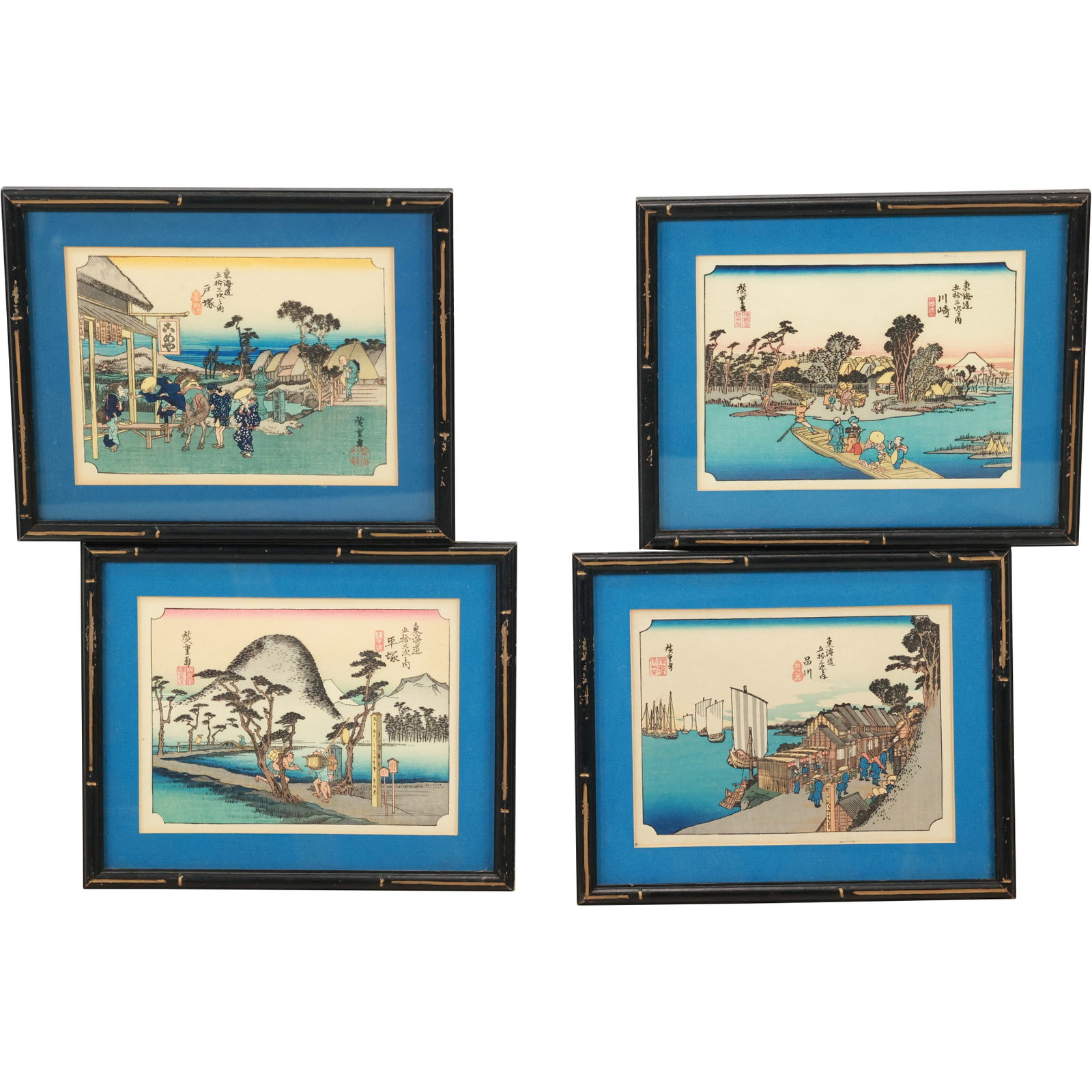 Set of 4 in a Series Framed Vintage Japanese Woodblocks 5.5 in. x 7.5 in. image, all 4 framed: Set of 4 in a Series Framed Vintage Japanese Woodblocks 5.5 in. x 7.5 in. image, all 4 framed. size: 5.5 x 7.5 , putside of frame: 8.5 x 10.5