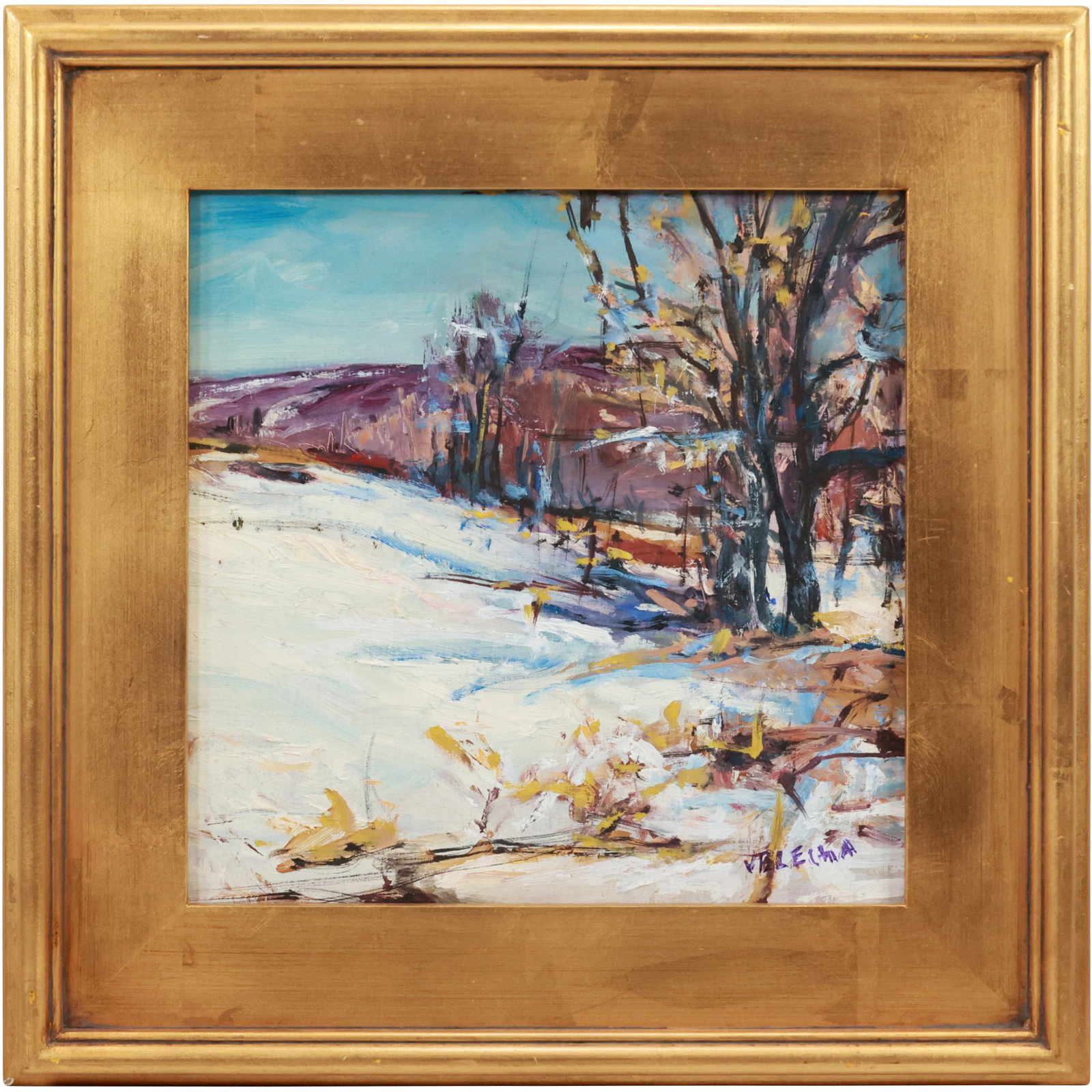 Signed V Blecha, 20th C. Oil on Canvas Painting Impressionist Winter Landscape, Gold Frame: Signed V Blecha, 20th C. Oil on Canvas Painting Impressionist Winter Landscape, Gold Frame. size: 12 x 12 , outside of frame: 18x18