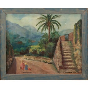 Signed H M Toulme, Vintage Oil on Canvas Winding Road with 2 Figures and Palm Tree