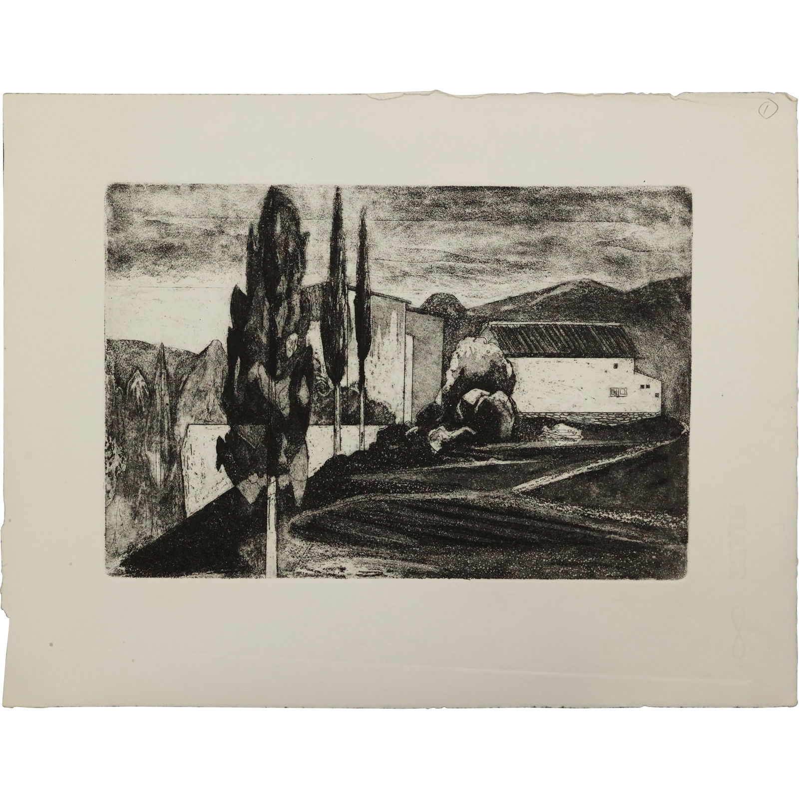 Robert Angeloch 1922-2011, Unsigned, Etching of Landscape with Barn (1 of 9)