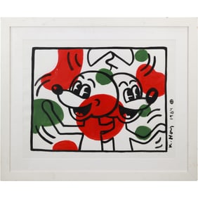 Keith Haring, Acrylic on Paper "Happy Mice 1984" with LA2 / Angel Ortiz Certificate 21 in. x 27 in.