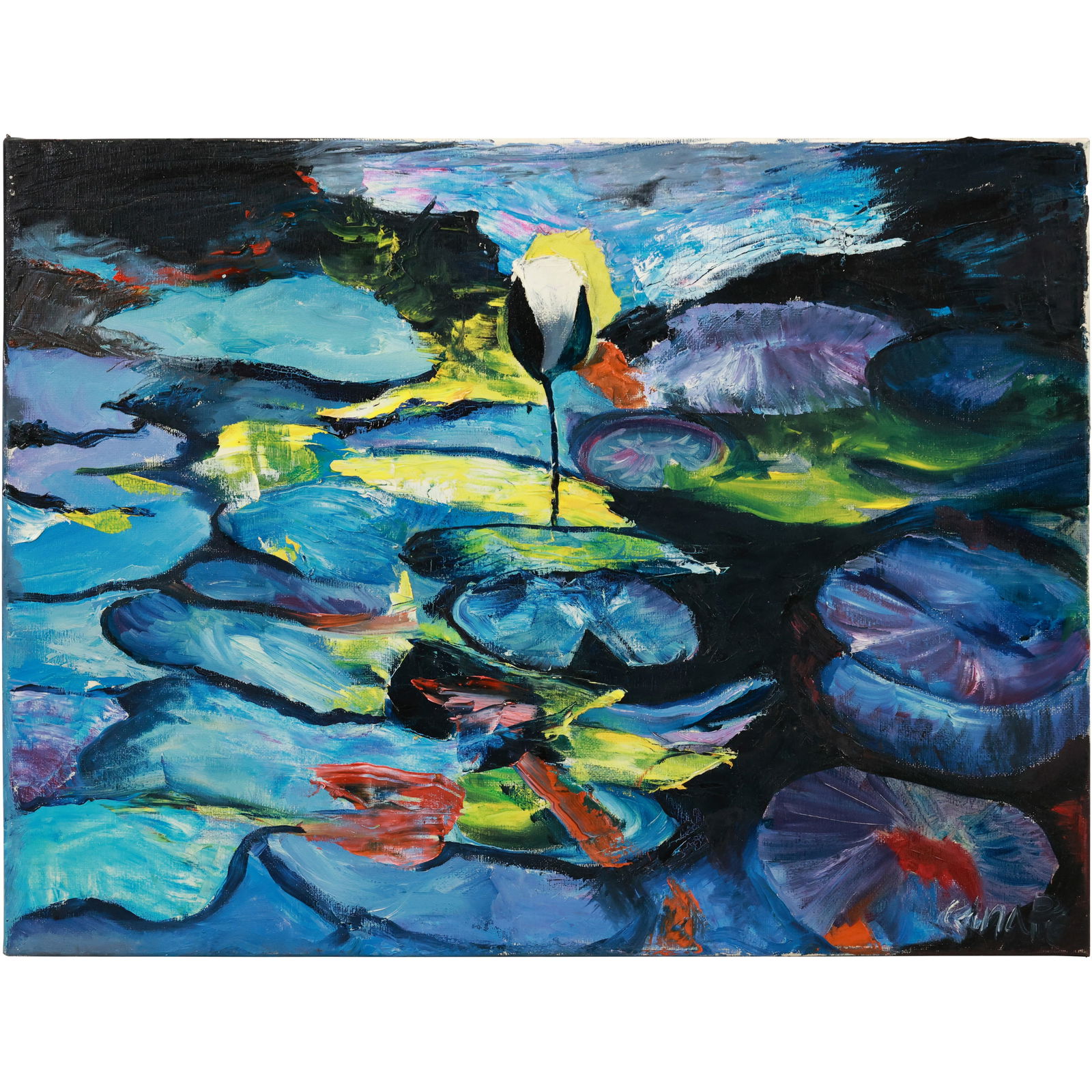 20th C. Oil on Canvas Painting "Lily Pads" Artist Signed Illegible, 18 in. x 24 in. (1 of 16)
