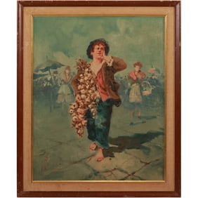 Artist Signed Illegible Oil on Canvas Painting "Garlic Vendor" carrying strings of garlic