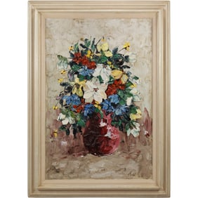 Impasto Still Life Oil on Canvas Painting, Signed, Bouquet Flowers in a Vase, Framed