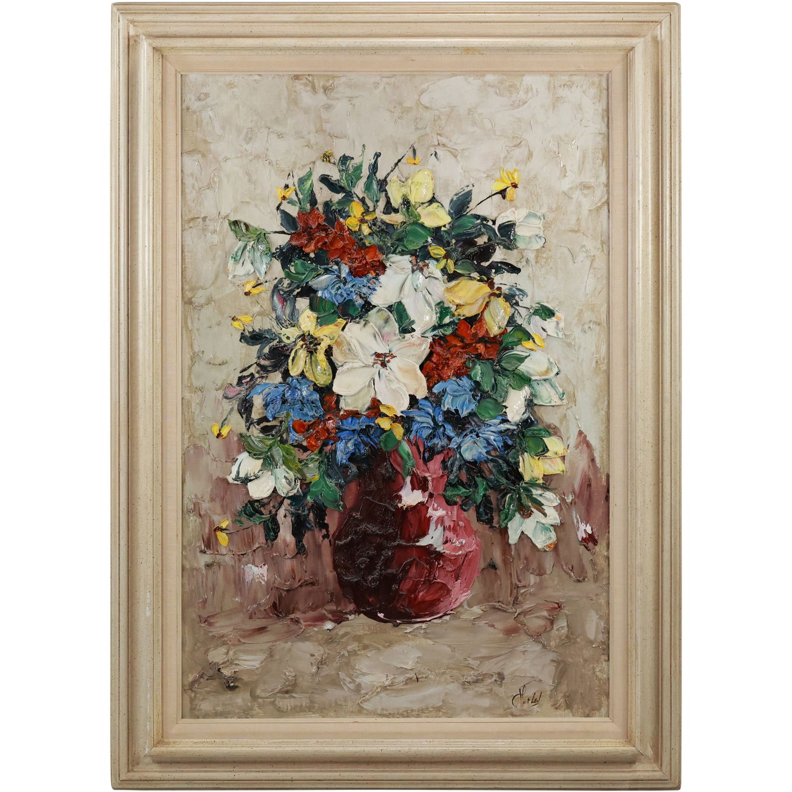 Impasto Still Life Oil on Canvas Painting, Signed, Bouquet Flowers in a Vase, Framed (1 of 15)