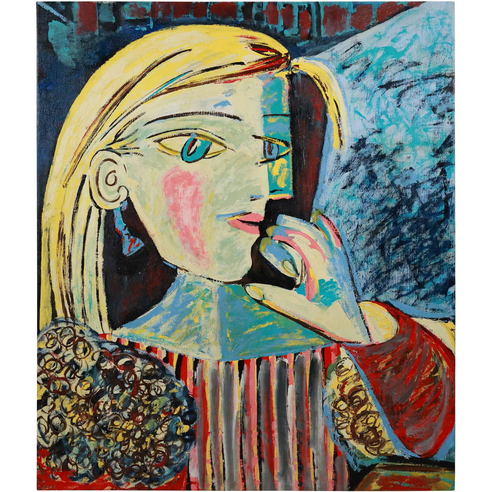 after Pablo Picasso, Signed Oil on Canvas Painting "Aquamarine Girl with Sapphire Eyes" 34 in. x 40 (1 of 20)