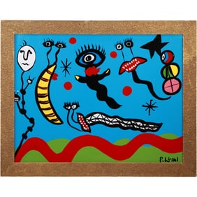 Thomas Pulgini, American, Pop-Art Abstract Oil on Board Painting Surreal Figures after Joan Miro