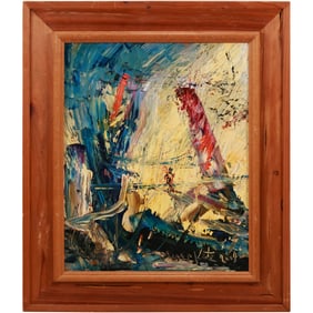 Morris Katz 2004, Jewish / American, Acrylic Painting Skier in Stormy Hills, Signed, Framed